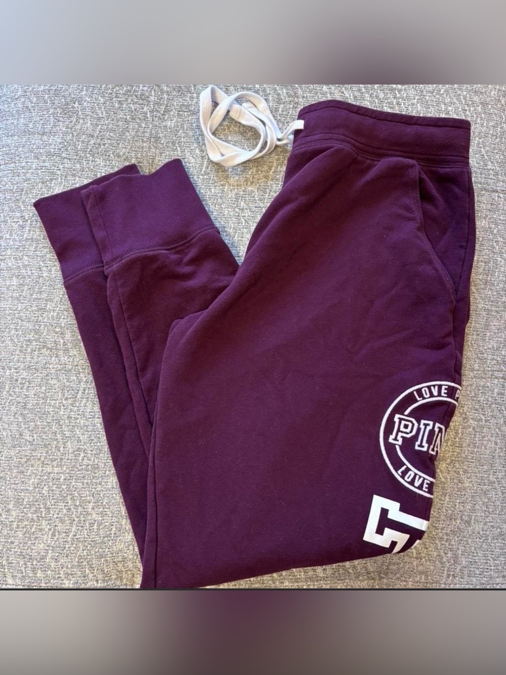 PINK Victoria's Secret Plum Burgundy Logo Joggers with White Drawstring